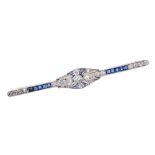 Art Deco sapphire and diamond bar brooch with old cut diamonds and calibre cut blue sapphires