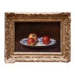 Late 19th century English school oil on canvas laid on panel - still life of apples on a Chinese