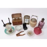 Set 1920s scent flasks in case, brass carriage clock, treen nutcrackers and decorative items