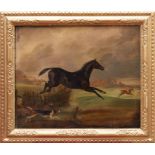 19th century English school oil on canvas - a hunting scene with a horse lacking its rider...