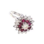 Ruby and diamond cluster cocktail ring