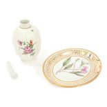 18th century Worcester tea caddy, botanical armorial oval dish, moulded blanc-de-chine fork handle