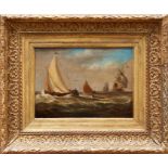 19th century Dutch school oil on canvas - shipping in squally seas, in gilt frame, 20cm x 27.5cm