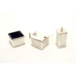 1930s Art Deco-style silver three piece cruet set and Victorian silver mustard spoon