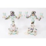 Pair late 19th century Dresden figural twin-branch porcelain candelabras