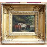 Attributed to James Ward (1769-1859) oil on panel - horses before a stable, in original gilt frame,