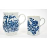 18th century Worcester blue and white baluster-shaped tankard, Plantation pattern, another with