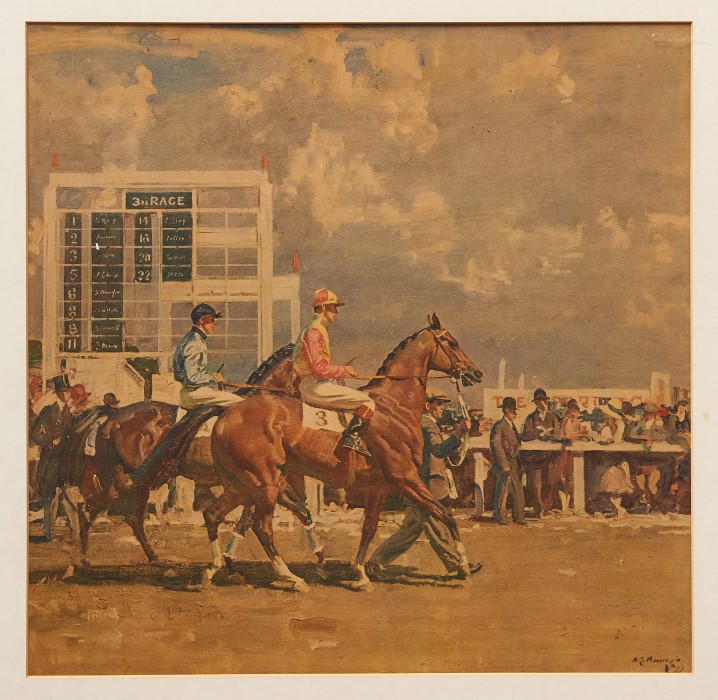 Sir Alfred Munnings (1878-1959) signed colour print - Going Out At Epsom, signed verso...