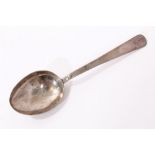 Early silver spoon with plain stem with pricked initial and rattail bowl, possibly late 17th