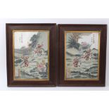 Pair 20th century Chinese polychrome painted porcelain panels