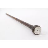 19th century novelty bamboo walking cane with watch inset to glazed globular handle