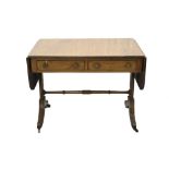 George III-style mahogany sofa table with two drop flaps and two drawers on end standards with