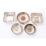 Pair of 1920s silver trinket trays of square form with engraved armorial crests and other items