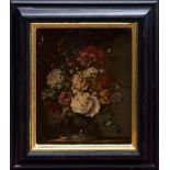 Pair of late 19th century oil on canvas - still life of summer flowers in urns, in gilt and