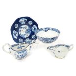 Two 18th century Bow blue and white sauce boats, bowl and octagonal plate