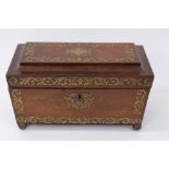 Regency rosewood and brass inlaid sarcophagus-shaped tea caddy