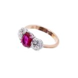 Ruby and diamond three stone ring, estimated total diamond weight 1.52cts