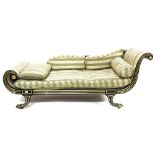 Fine Regency ebonised and gilt heightened chaise longue, reeded show-wood frame