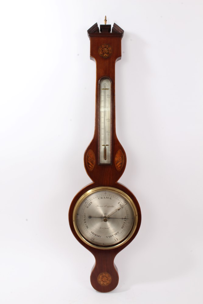 19th century wheel barometer with 8 inch silvered dial, signed 'Stringer & Cappella, Newport'