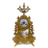 19th cent. mantel clock, eight day French movement striking on a bell, floral painted porcelain
