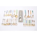 Good selection of Scandinavian enamelled silver spoons and pickle forks
