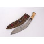 Indian Kukri with bone hilt, in ornate filigree work sheath, set with glass beads and semi precious