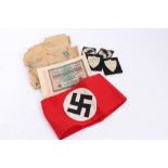 Nazi party arm band with RZM paper label to interior, numbered - 344686 together with some other