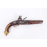 19th Century Continental Flintlock Officers' Pistol with brass and steel ramrod, walnut stock with