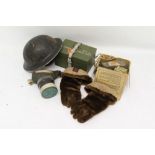Second World War British Military tin helmet, together with gas masks and other militaria (1 box)