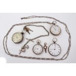 Four silver fob watches with two silver fob chains