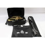 Sonata brass cornet in case, together with a folding music stand and bag