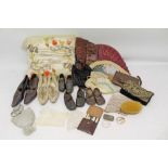 Selection of Victorian and later accessories including pair wedding shoes, pair leather dress shoes