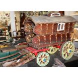 Scratch built scale model of a gypsy caravan with painted decoration, metal ware accessories 75cm x