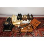 Vintage handbags including 1950s Dickins and Jones black leather bag, similar navy with gilt