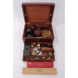 Wooden work box containing antique and later jewellery, wristwatches and bijouterie