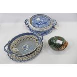 Early 19th century English blue and white nut basket and stand with Sphinx decoration and blue and