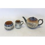 Doulton Lambeth Stoneware three piece tea set with sgraffito decoration with horses, goats and deer