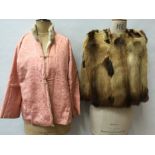 Early 20th century Chinese Ladies Winter pink silk brocade jacket with white fur lining. Red fox