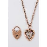 Edwardian rose gold heart pendant on chain and Edwardian rose gold padlock clasp (2)