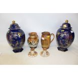 Pair of Charlotte Rhead candlesticks, pair of Wilton Ware vases and covers, Victorian Doulton