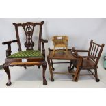 Chippendale-style settee, carver chair, small rattan chair and child's high chair