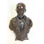 Bronze bust of a military gentleman, pair of brass military figures and standing soldier figure
