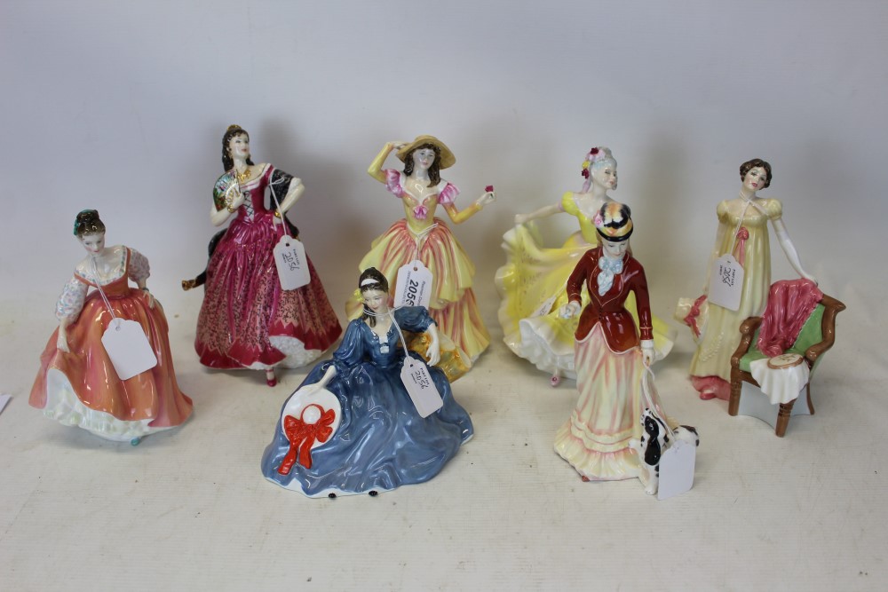 Seven Royal Doulton figures - Susan HN4230, Emma HN3843, Elyse HN2429, Sarah HN3384, Carmen HN3993,