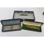 Parker Duofold retractable pencil, with marbled finish, Cross rolled gold ballpoint pen, other pens