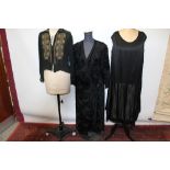 Ladies 1920s velvet devore evening dress, silk and chiffon drop waist dress and a black embroidered