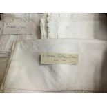 Vintage embroidered and lace trimmed white cotton table clothes, tray clothes., pillow and bolsters