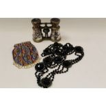 Silver mounted opera glasses, jet style black bead belt, small micro-bead purse