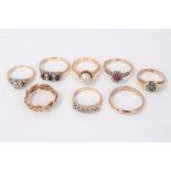 Eight gold and gem-set dress rings