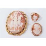 19th century carved shell cameo depicting the three graces, in yellow metal brooch mount, together