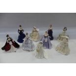 Nine Coalport figures - Juliet, A Royal Engagement, Lady Caroline at The Opera, Ella, The Magic of